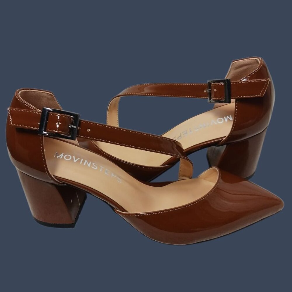 Movinsteps Womens Patent Leather Block Mid Heel Strap Pumps Brown Size 5 - Picture 9 of 14